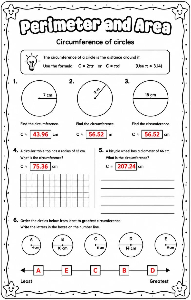 Answer key for Circumference of circles — free printable Math worksheet