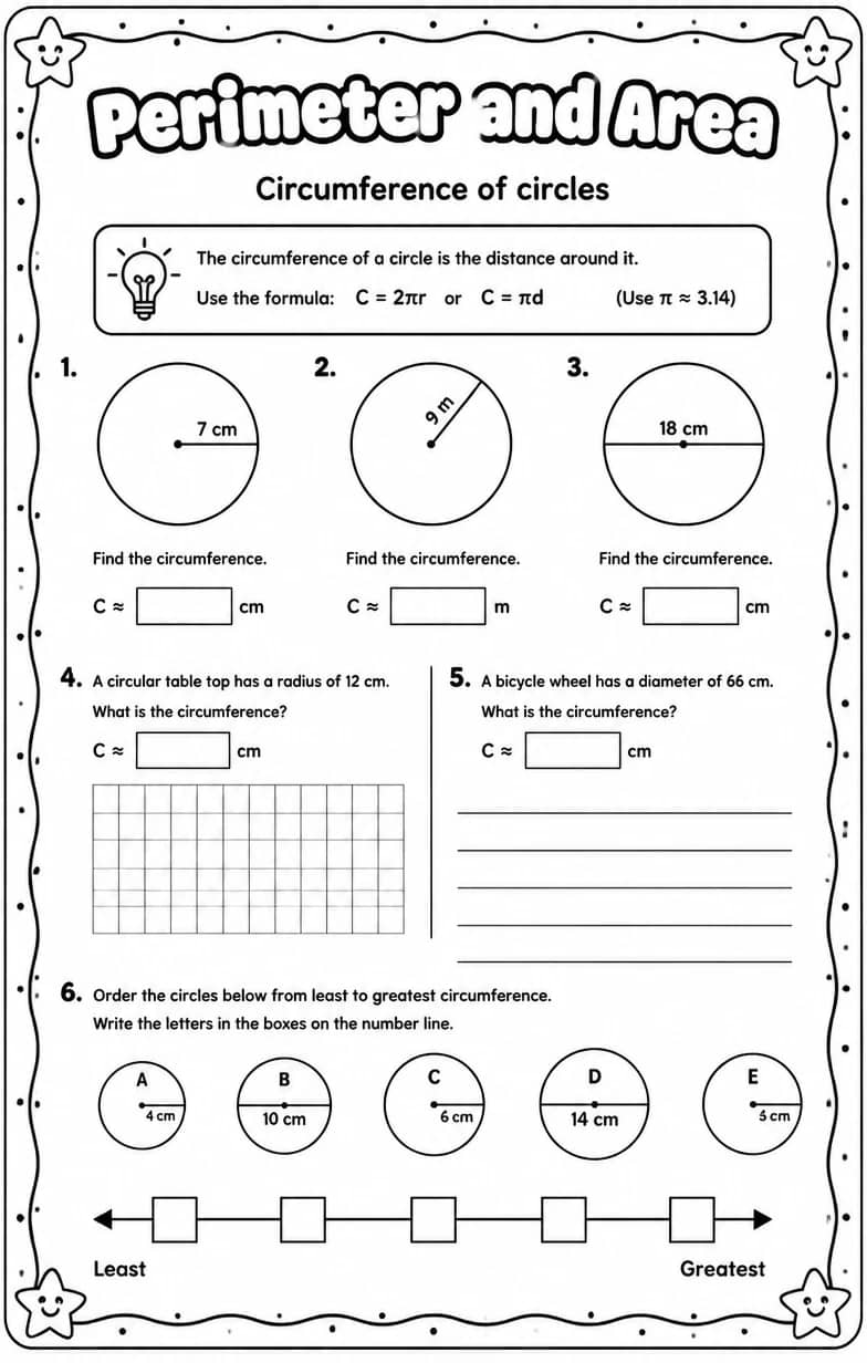 Circumference of circles — free printable Grade 7 math worksheet