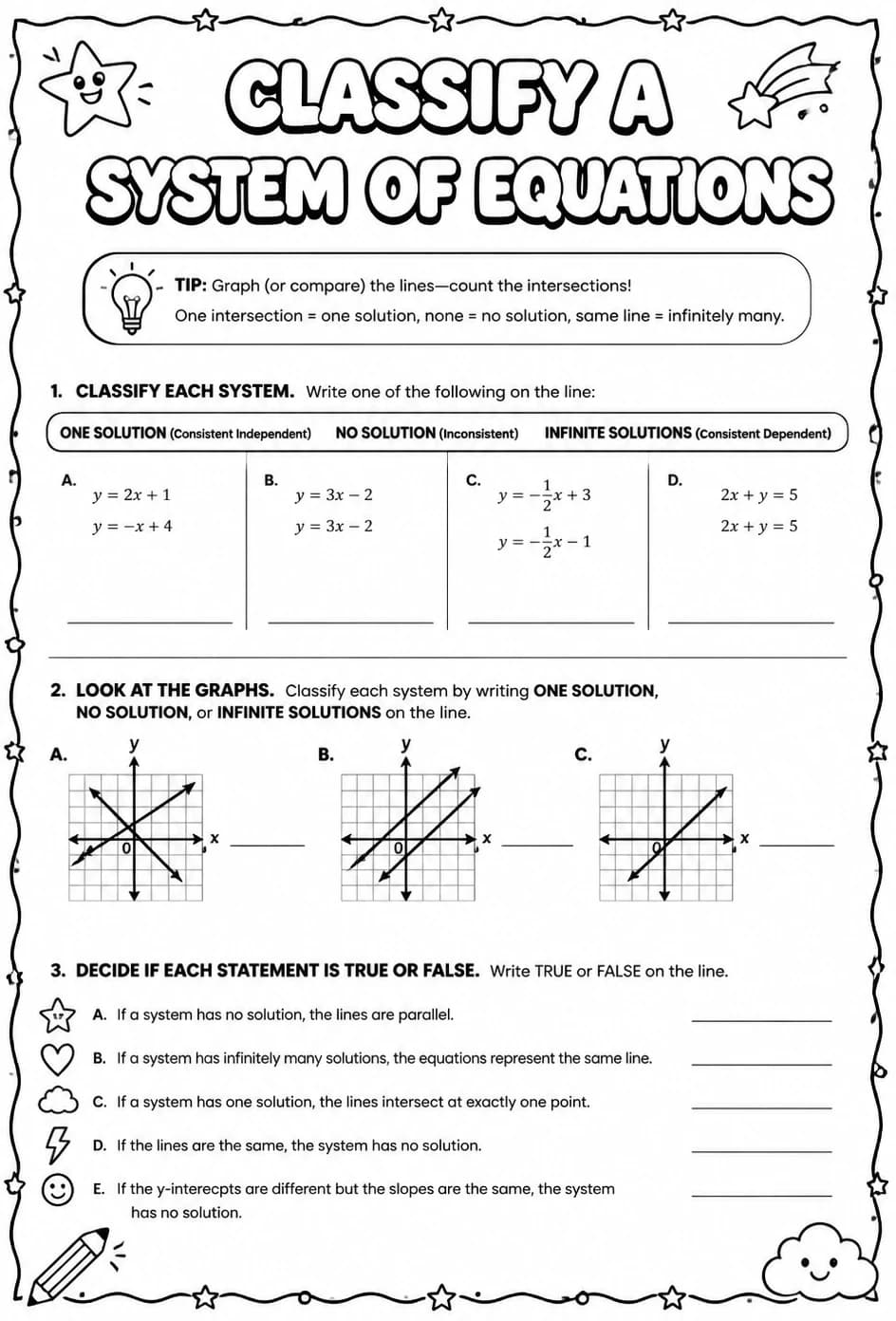 Classify a system of equations — free printable Algebra 1 math worksheet