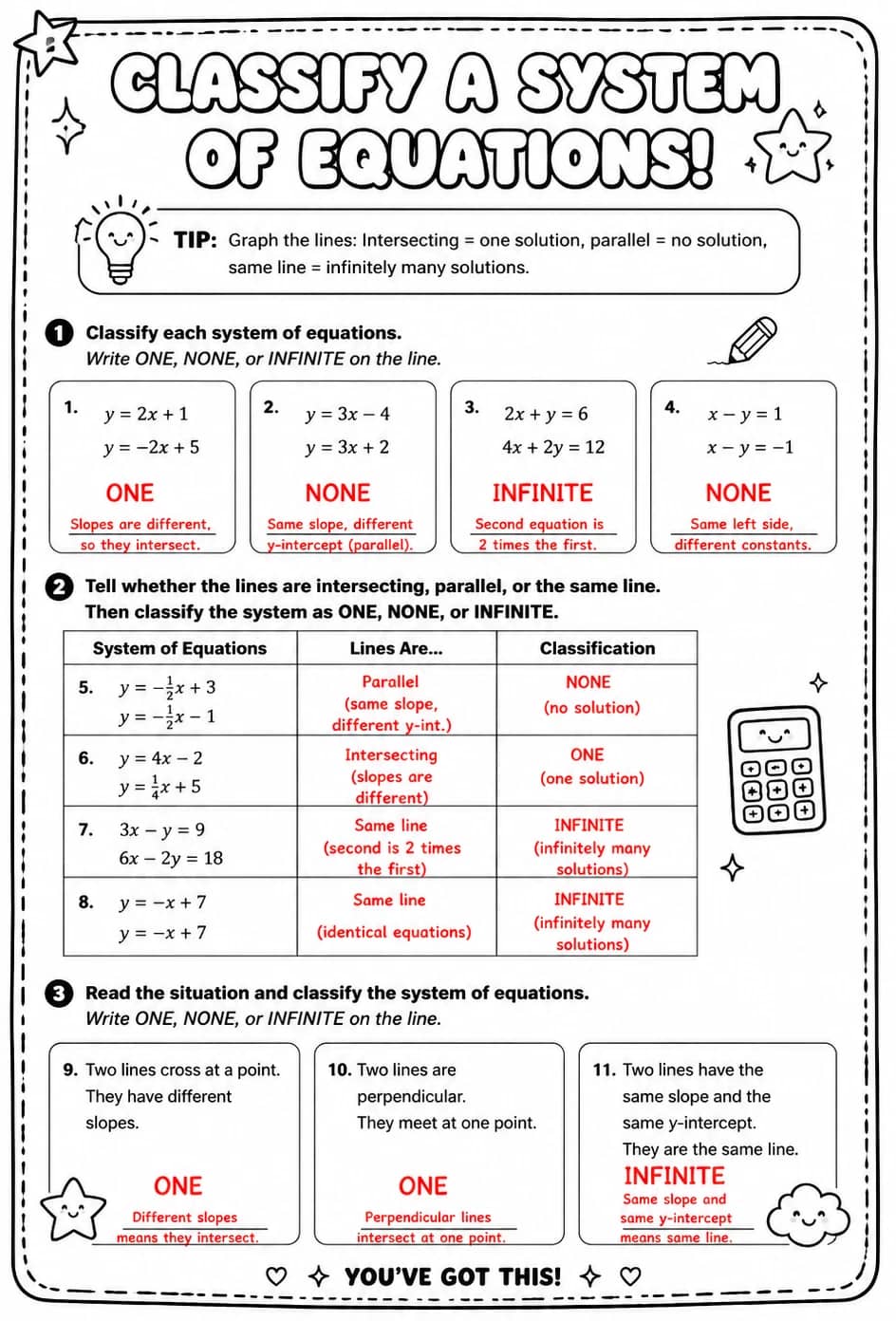 Answer key for Classify a system of equations — free printable Math worksheet