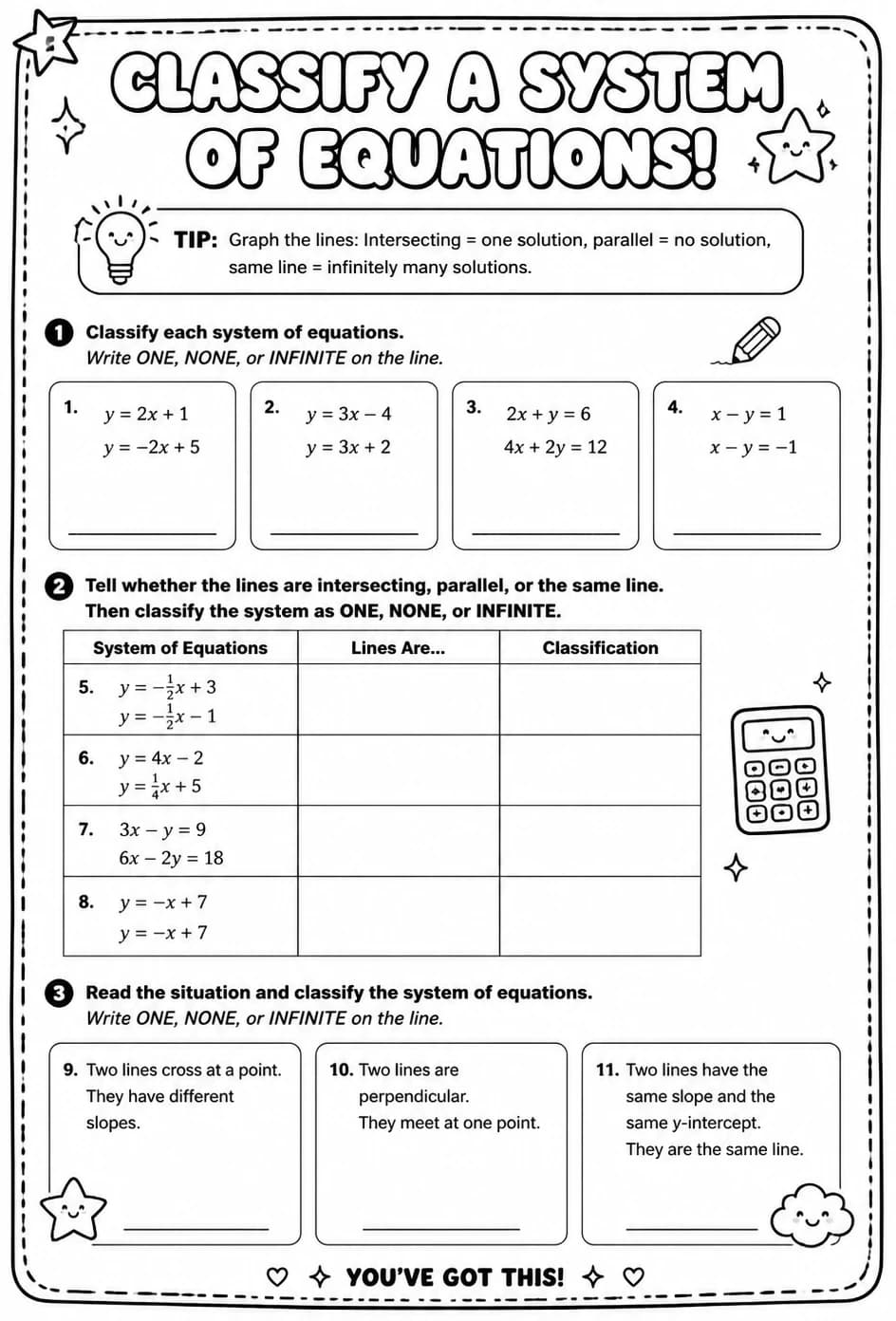 Classify a system of equations — free printable Algebra 2 math worksheet