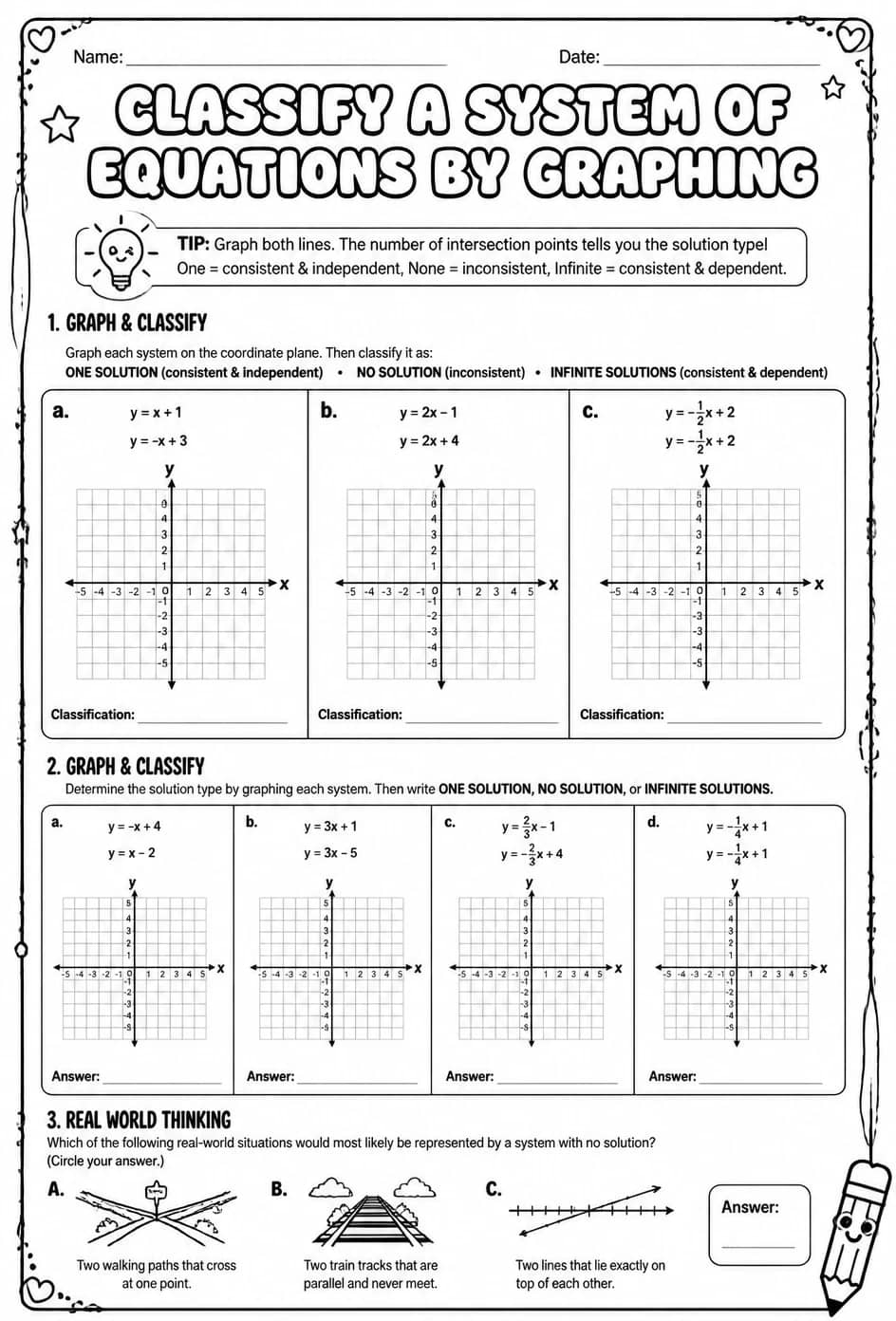 Classify a system of equations by graphing — free printable Algebra 1 math worksheet