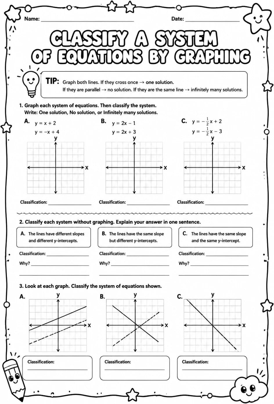 Classify a system of equations by graphing — free printable Grade 8 math worksheet