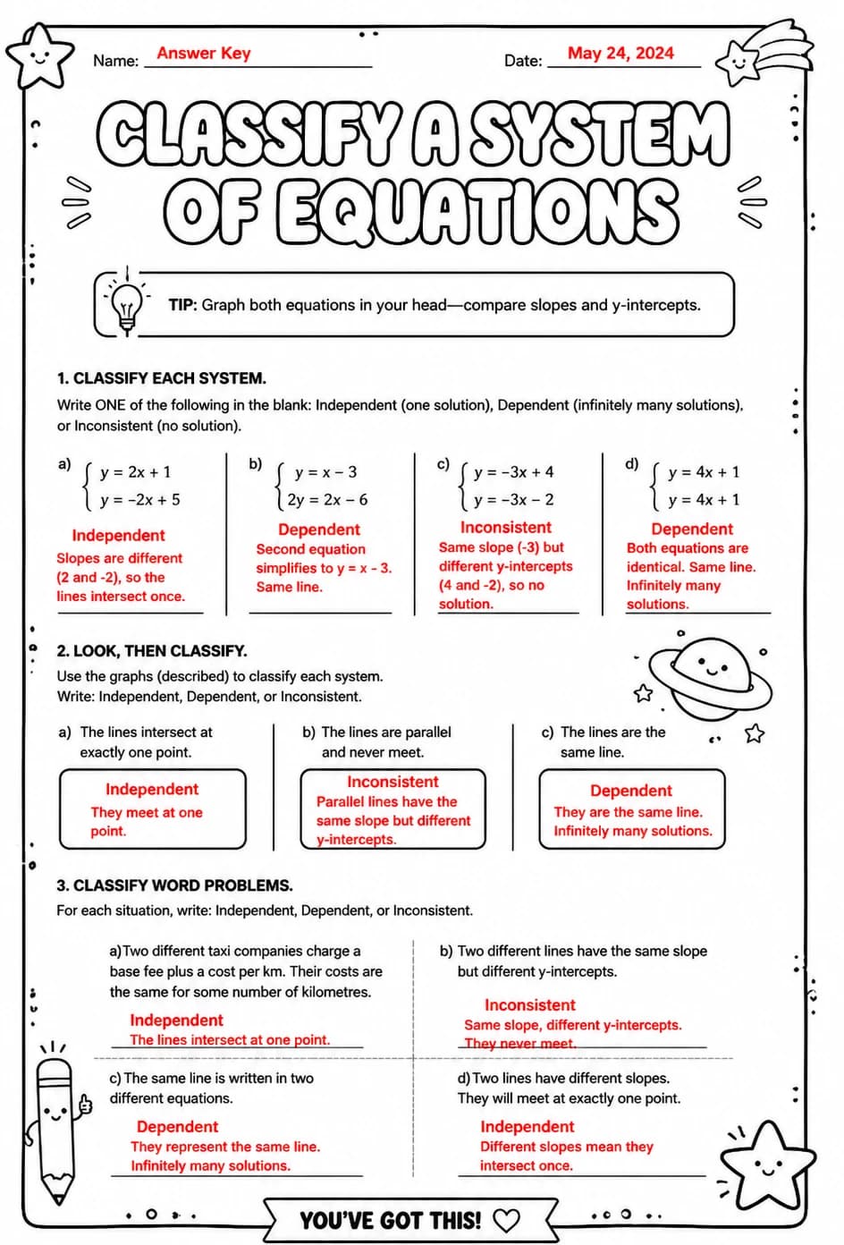 Answer key for Classify a system of equations — free printable Math worksheet
