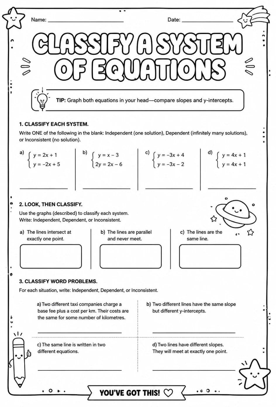 Classify a system of equations — free printable Grade 8 math worksheet
