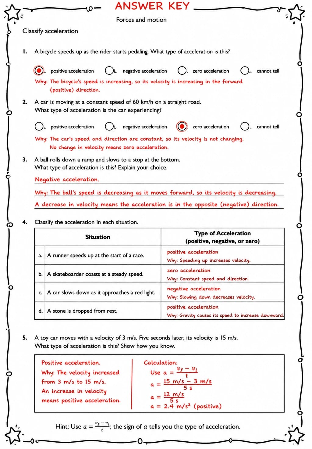 Answer key for Classify acceleration — free printable Science worksheet