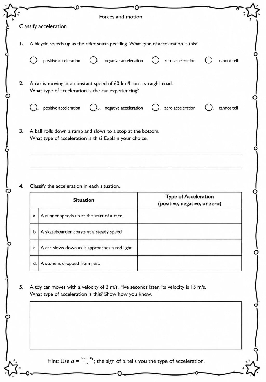 Classify acceleration — free printable Middle School Science worksheet
