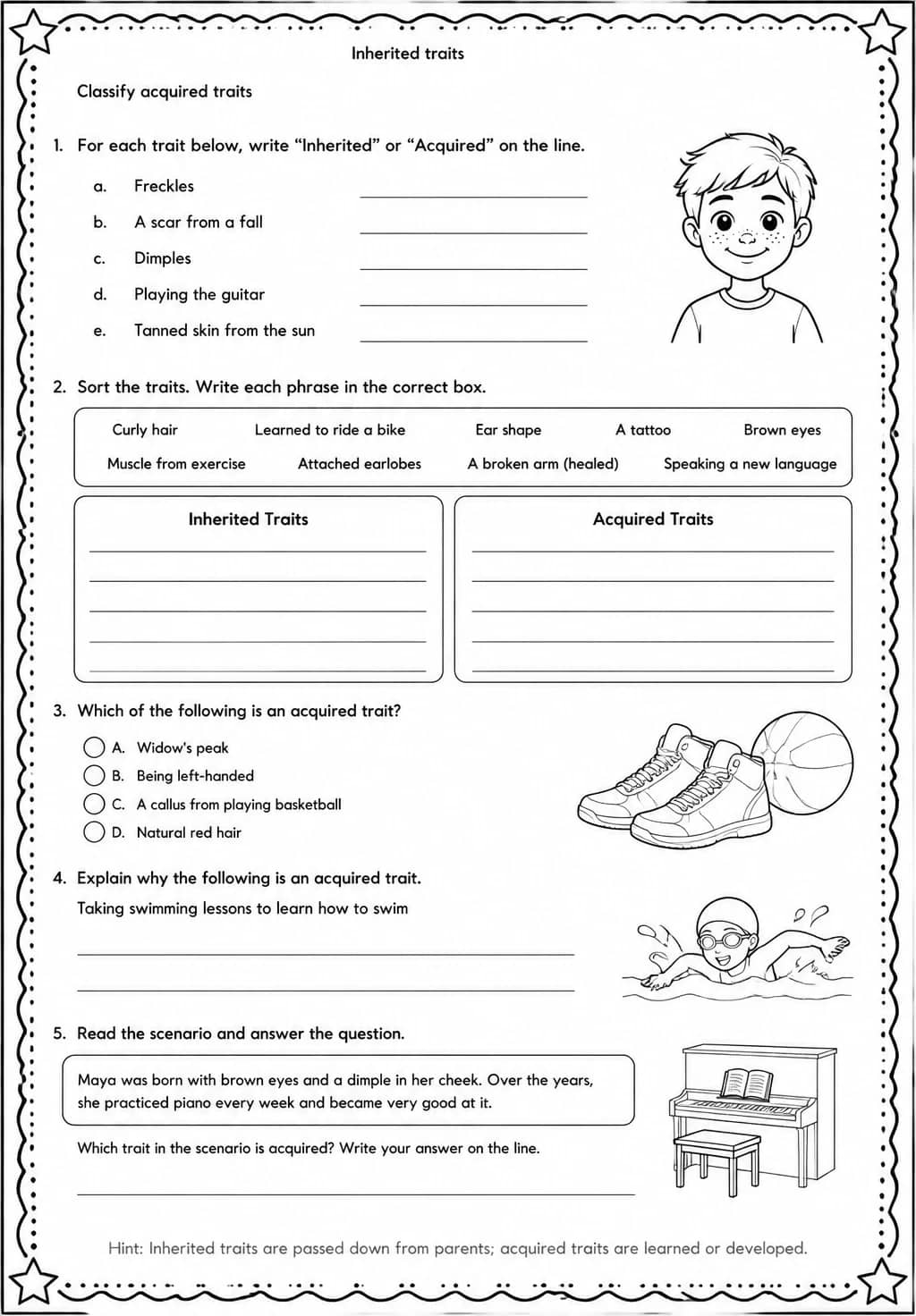 Classify acquired traits — free printable Grade 5 Science worksheet