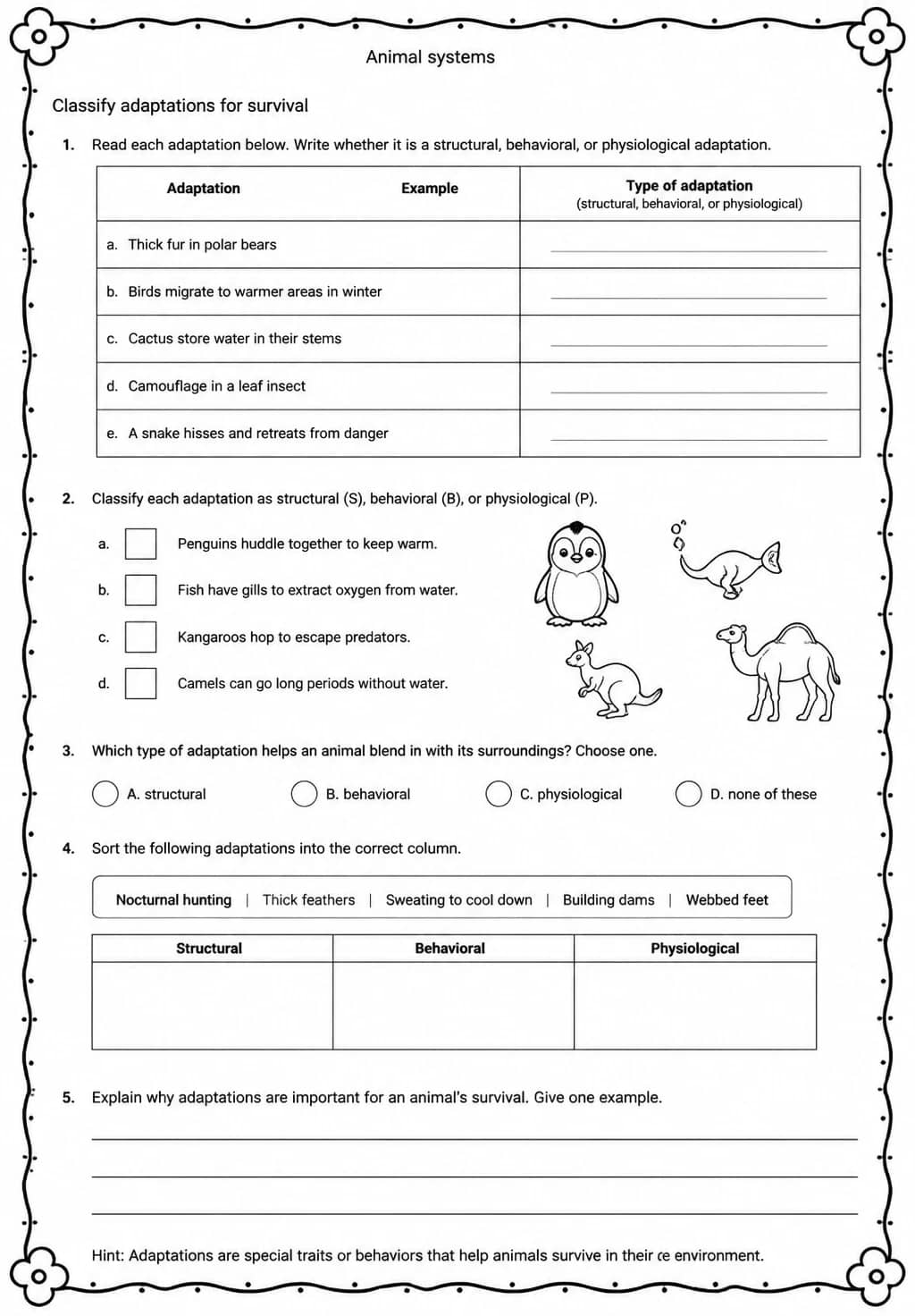Classify adaptations for survival — free printable Middle School Science worksheet