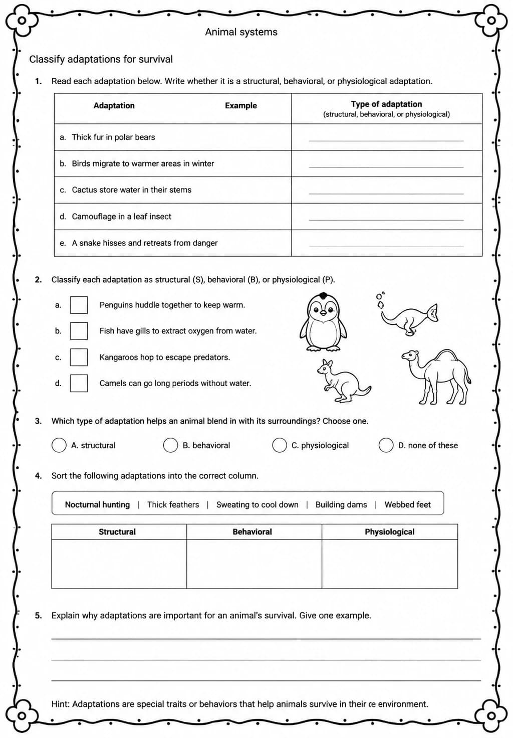Classify adaptations for survival — free printable Middle School Science worksheet