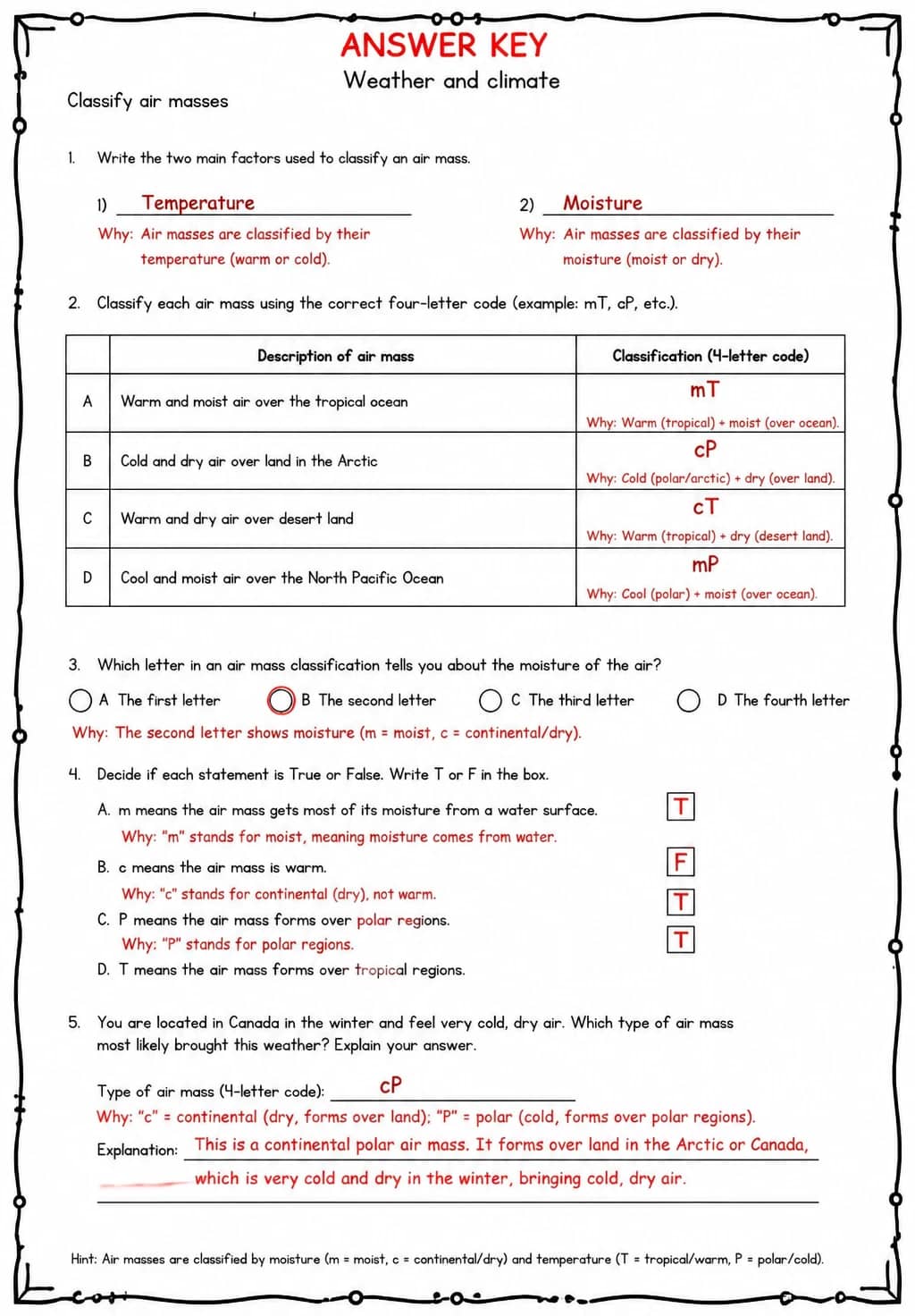 Answer key for Classify air masses — free printable Science worksheet