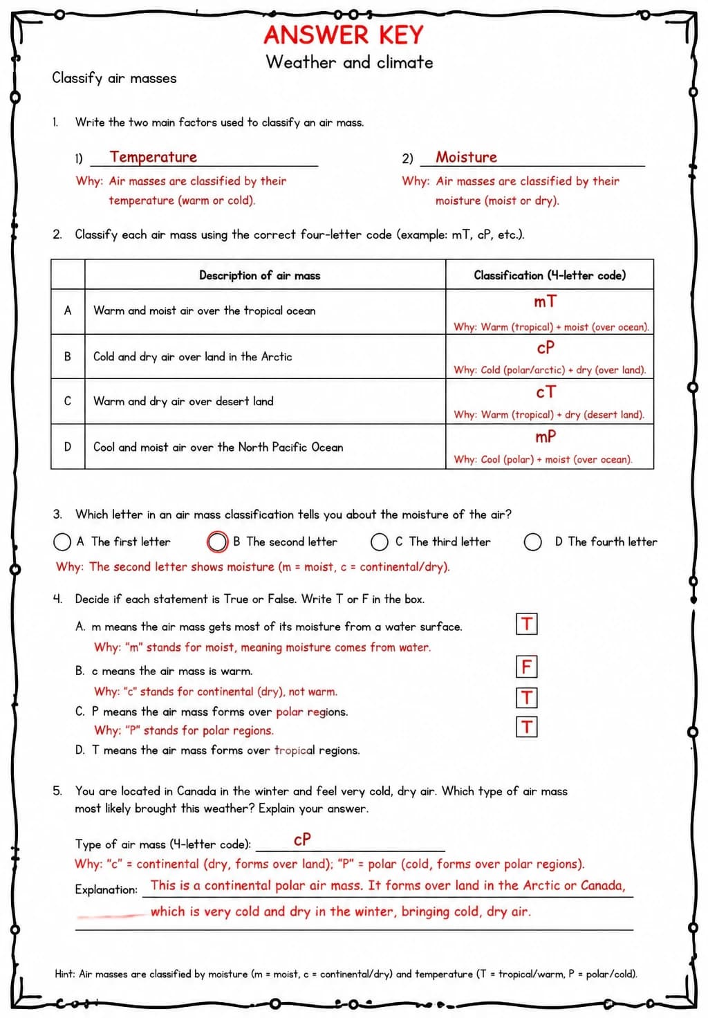 Answer key for Classify air masses — free printable Science worksheet
