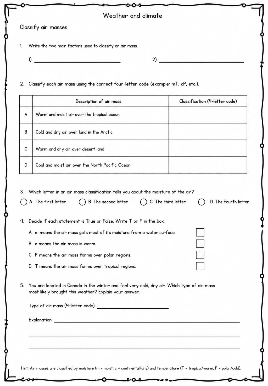 Classify air masses — free printable Middle School Science worksheet