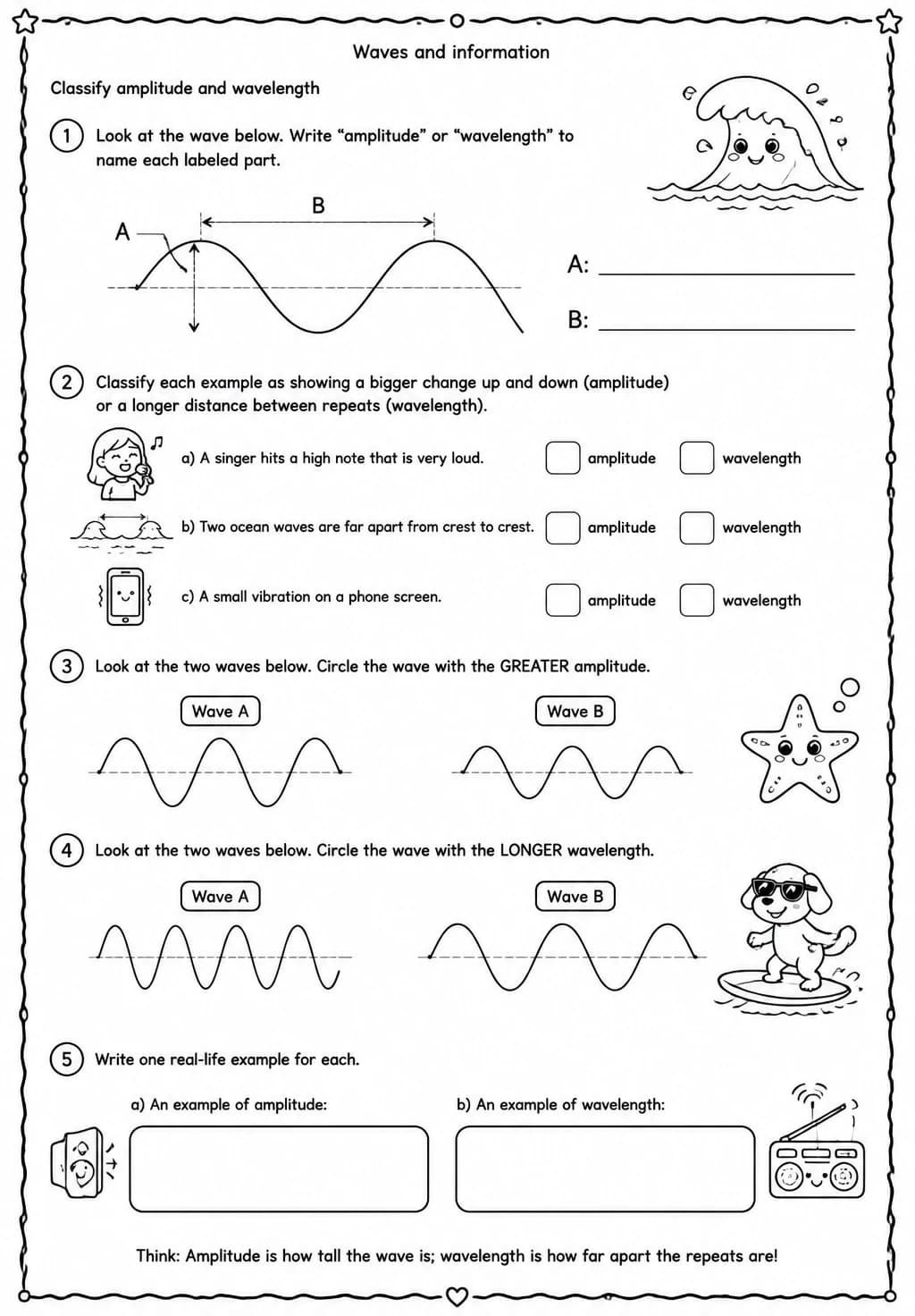 Classify amplitude and wavelength — free printable Grade 4 Science worksheet