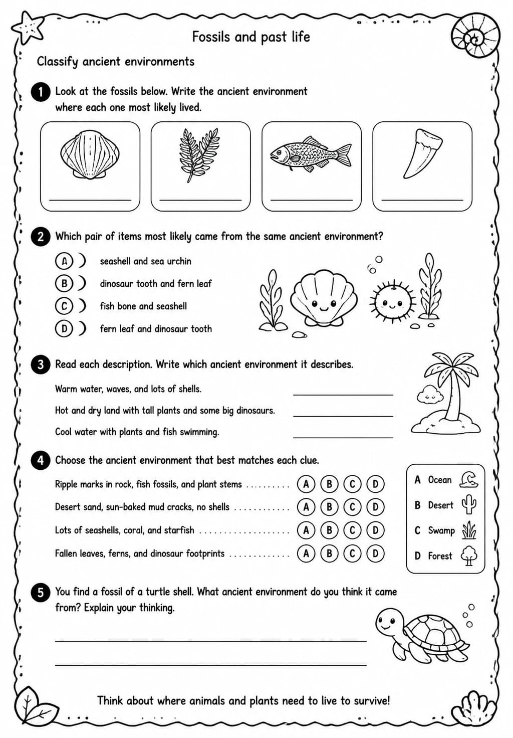 Classify ancient environments — free printable Grade 3 Science worksheet