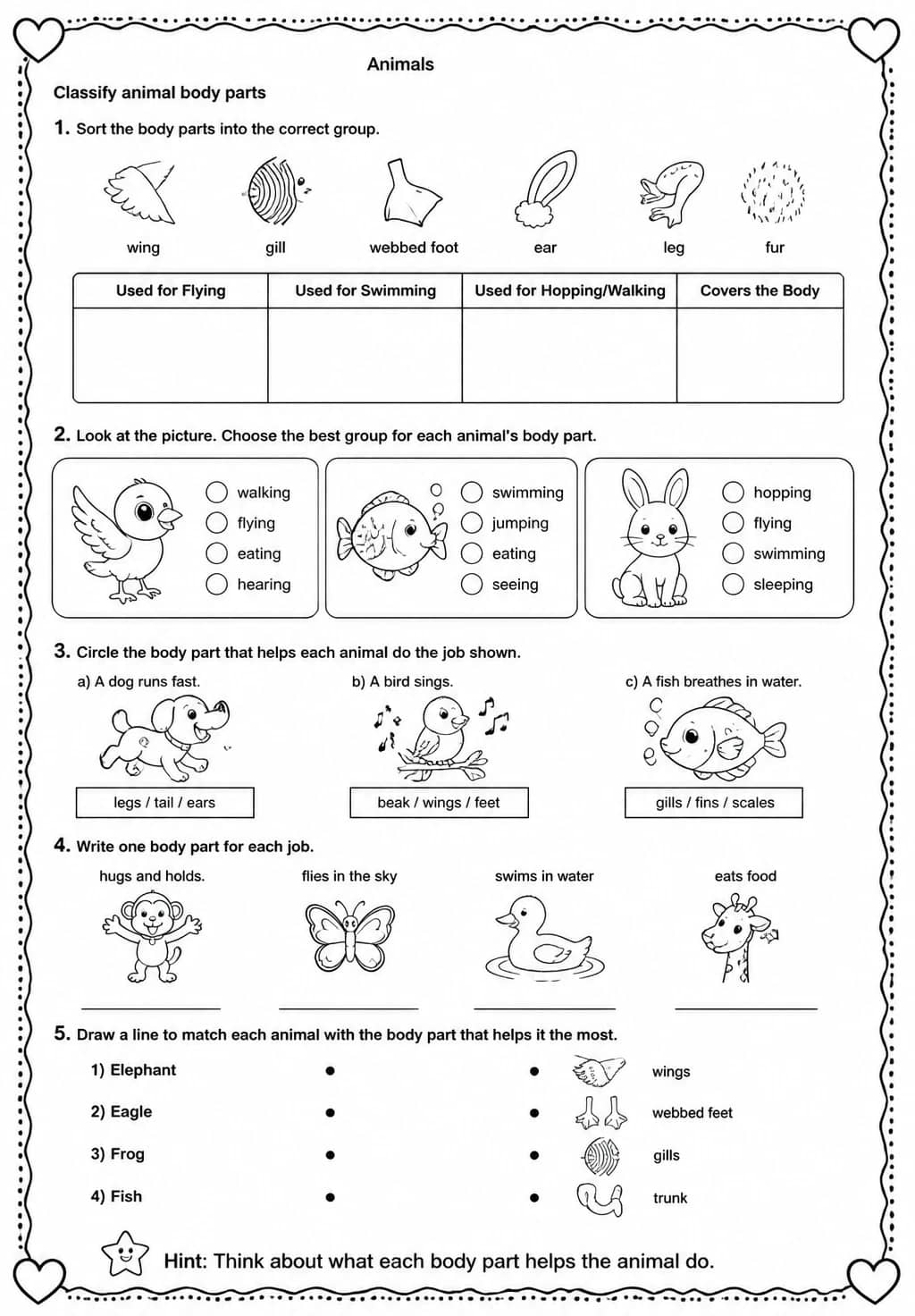 Classify animal body parts — free printable Grade 2 Science worksheet