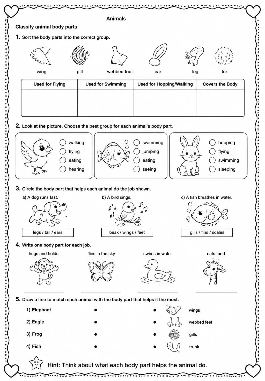 Classify animal body parts — free printable Grade 2 Science worksheet
