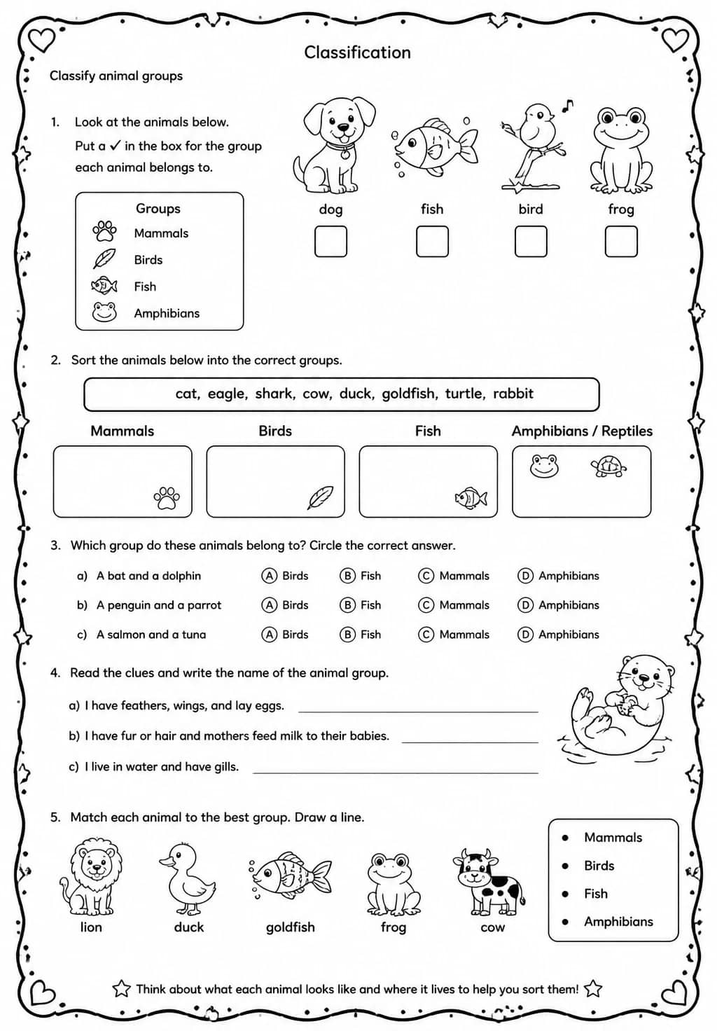 Classify animal groups — free printable Grade 2 Science worksheet