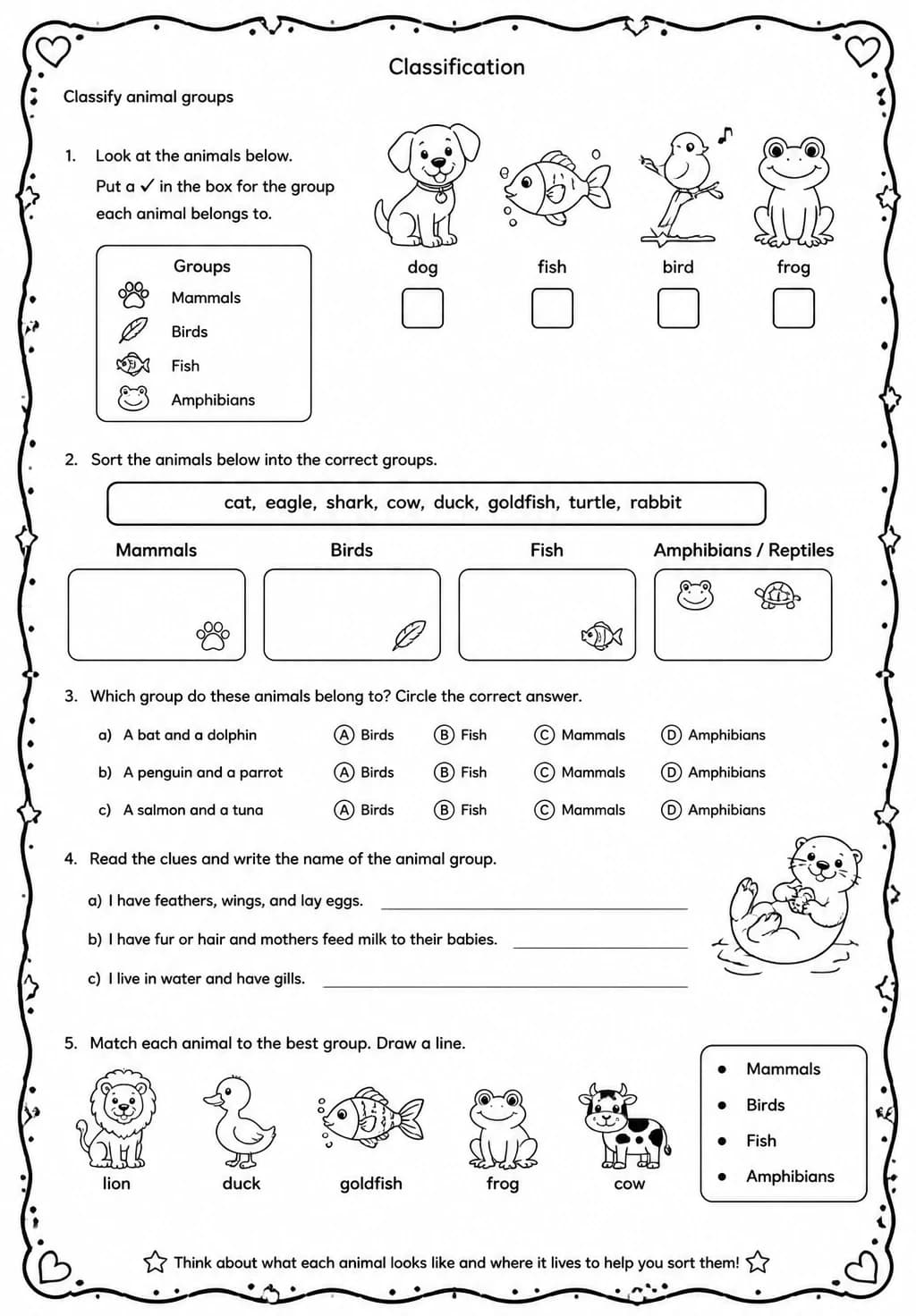 Classify animal groups — free printable Grade 2 Science worksheet