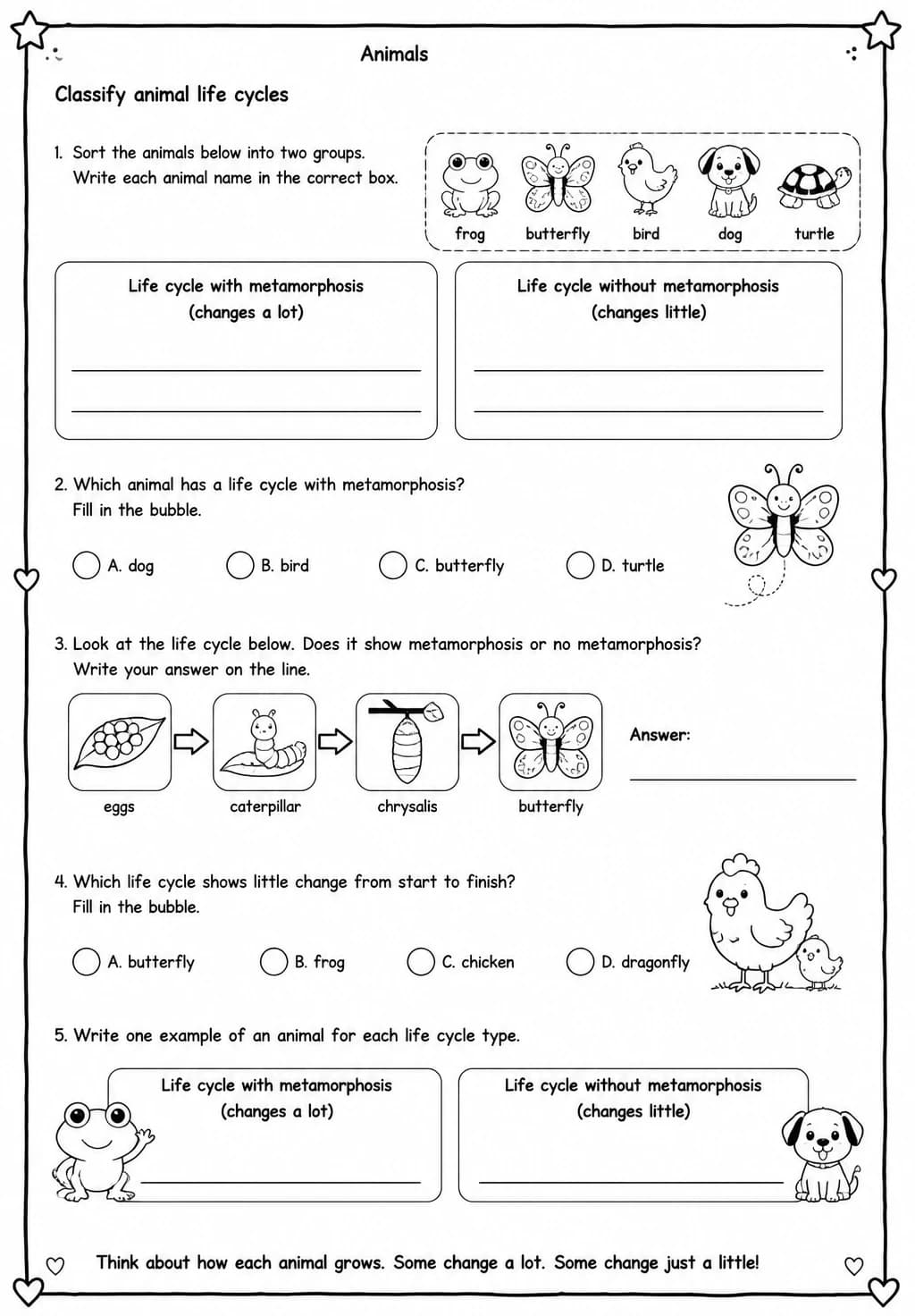 Classify animal life cycles — free printable Grade 2 Science worksheet