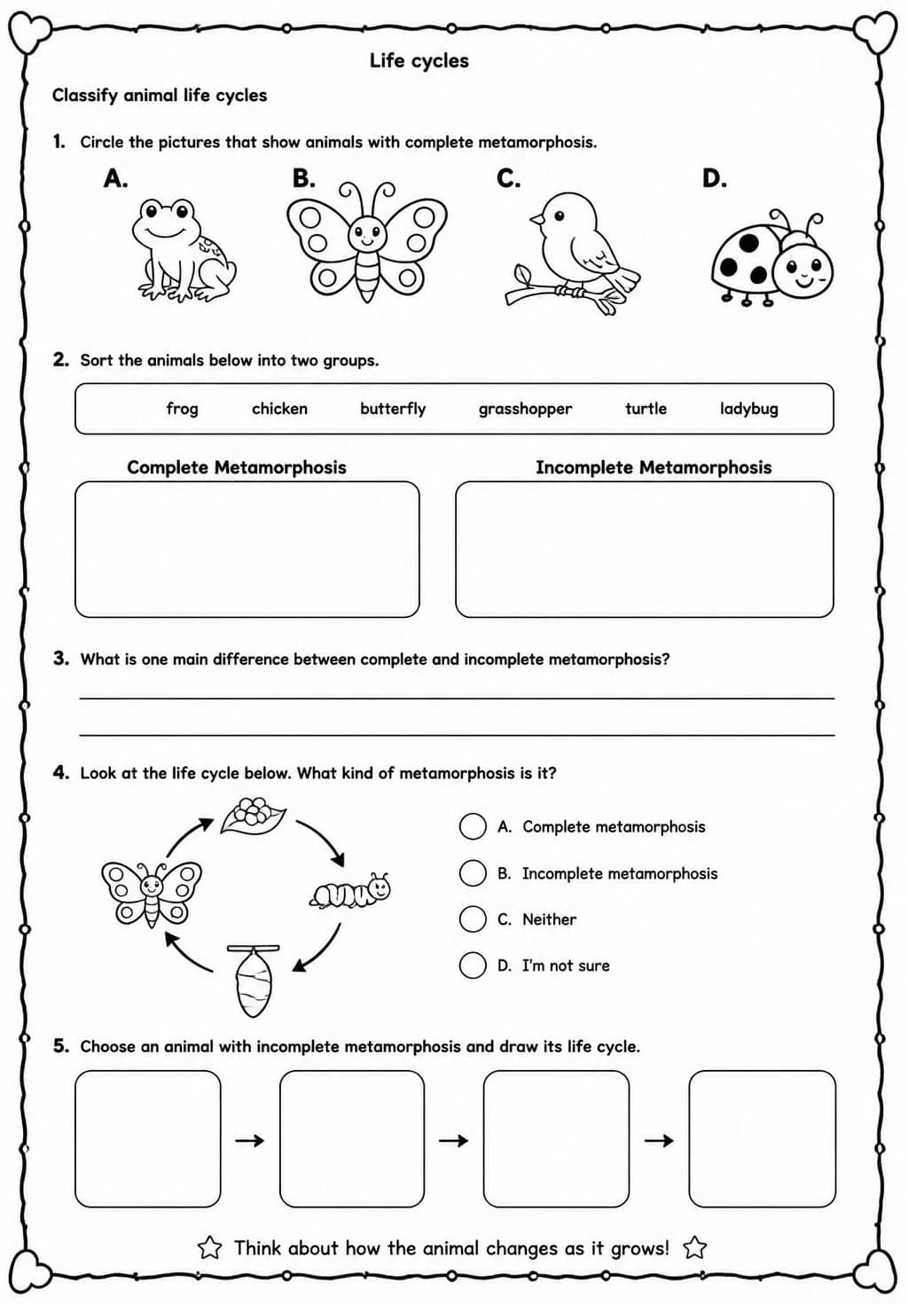 Classify animal life cycles — free printable Grade 3 Science worksheet