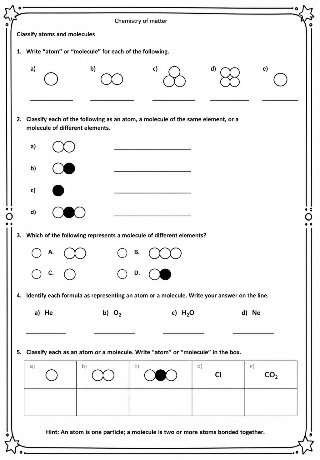 Classify atoms and molecules — free printable Middle School Science worksheet