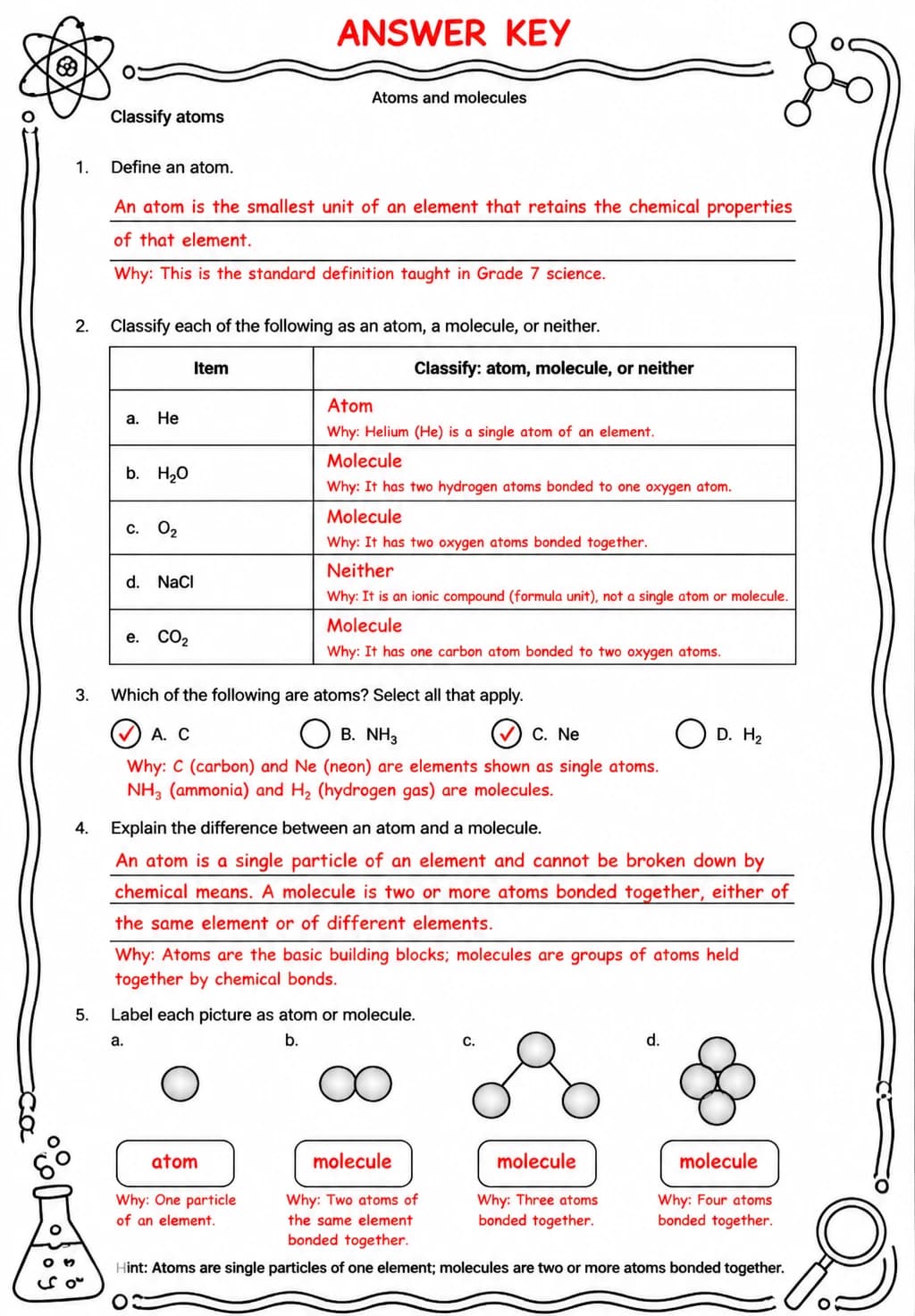 Answer key for Classify atoms — free printable Science worksheet