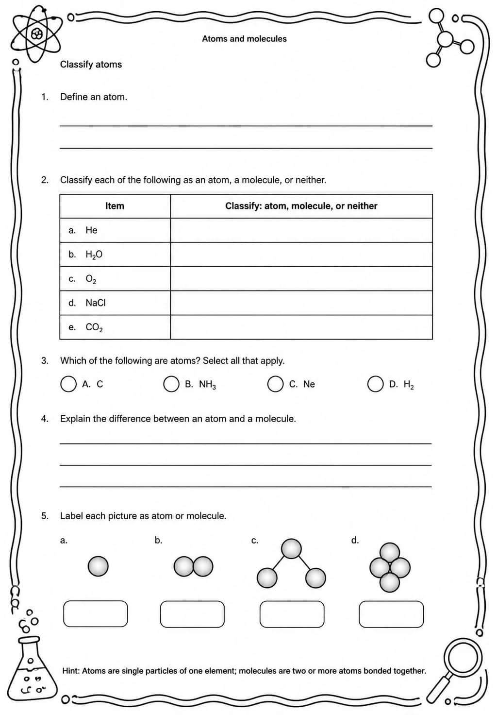 Classify atoms — free printable Middle School Science worksheet