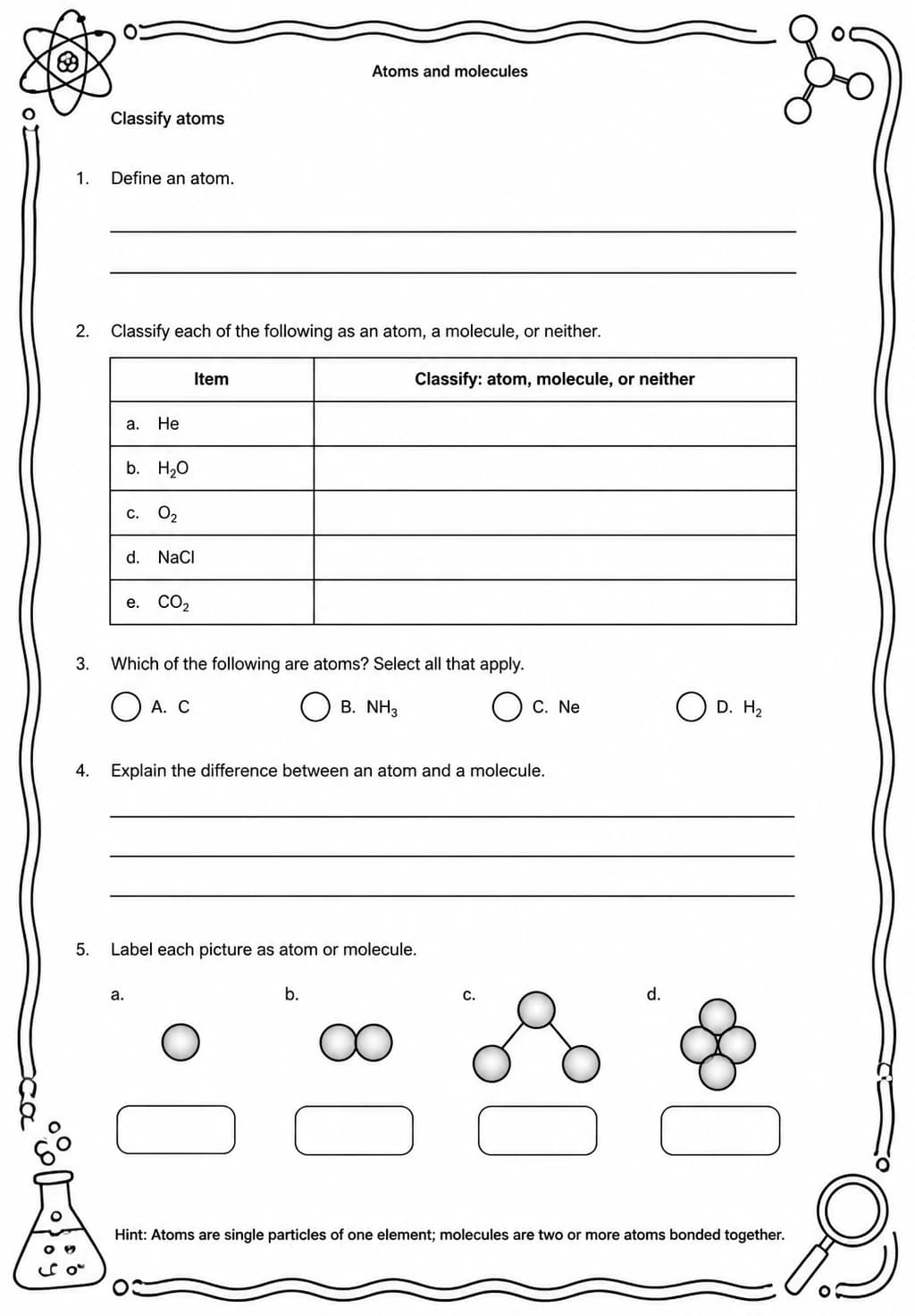 Classify atoms — free printable Middle School Science worksheet