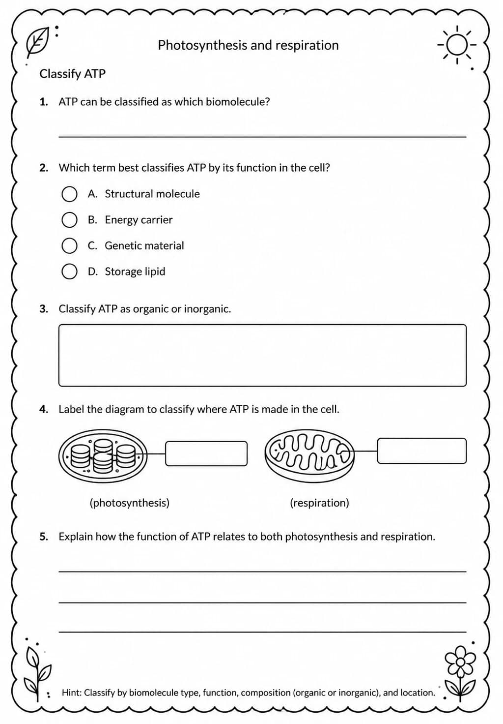 Classify ATP — free printable High School Science worksheet