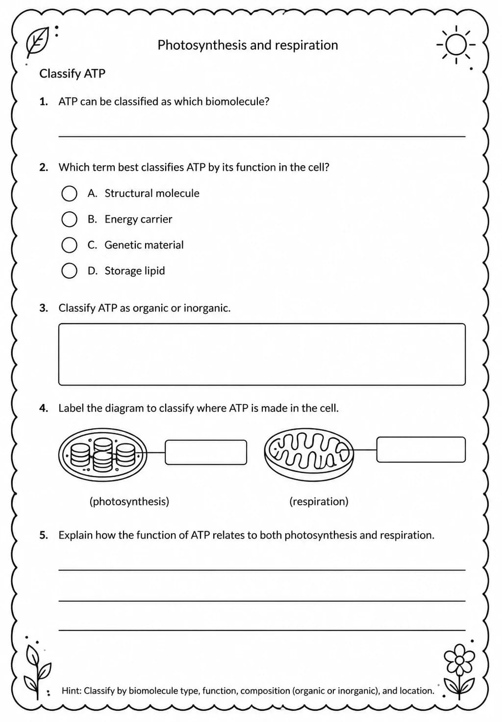 Classify ATP — free printable High School Science worksheet