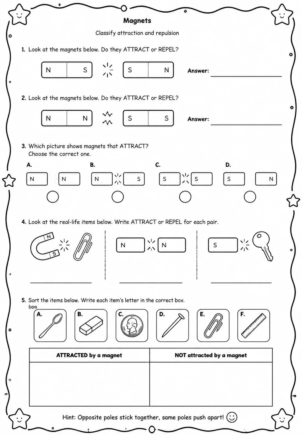 Classify attraction and repulsion — free printable Grade 2 Science worksheet