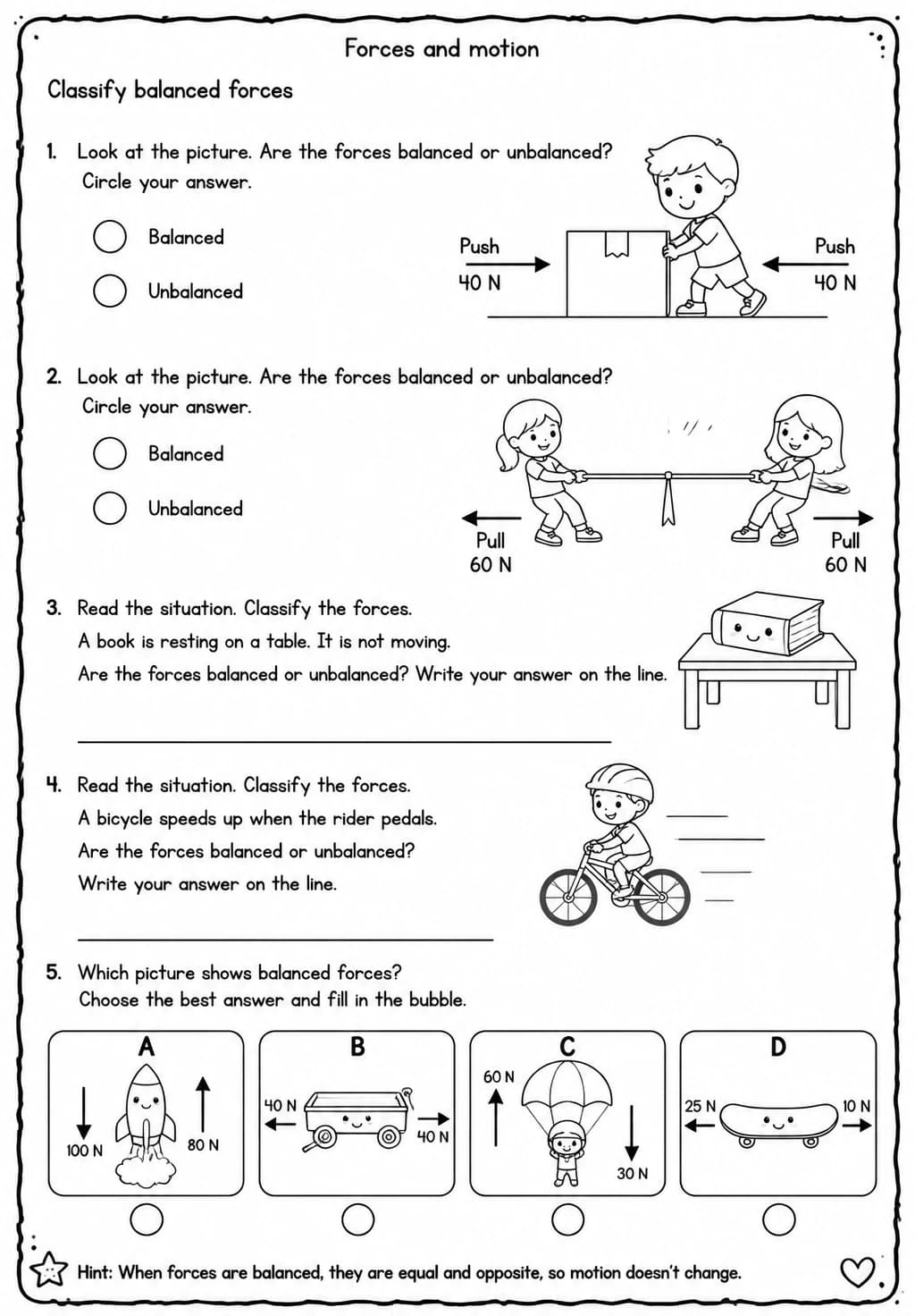 Classify balanced forces — free printable Grade 3 Science worksheet