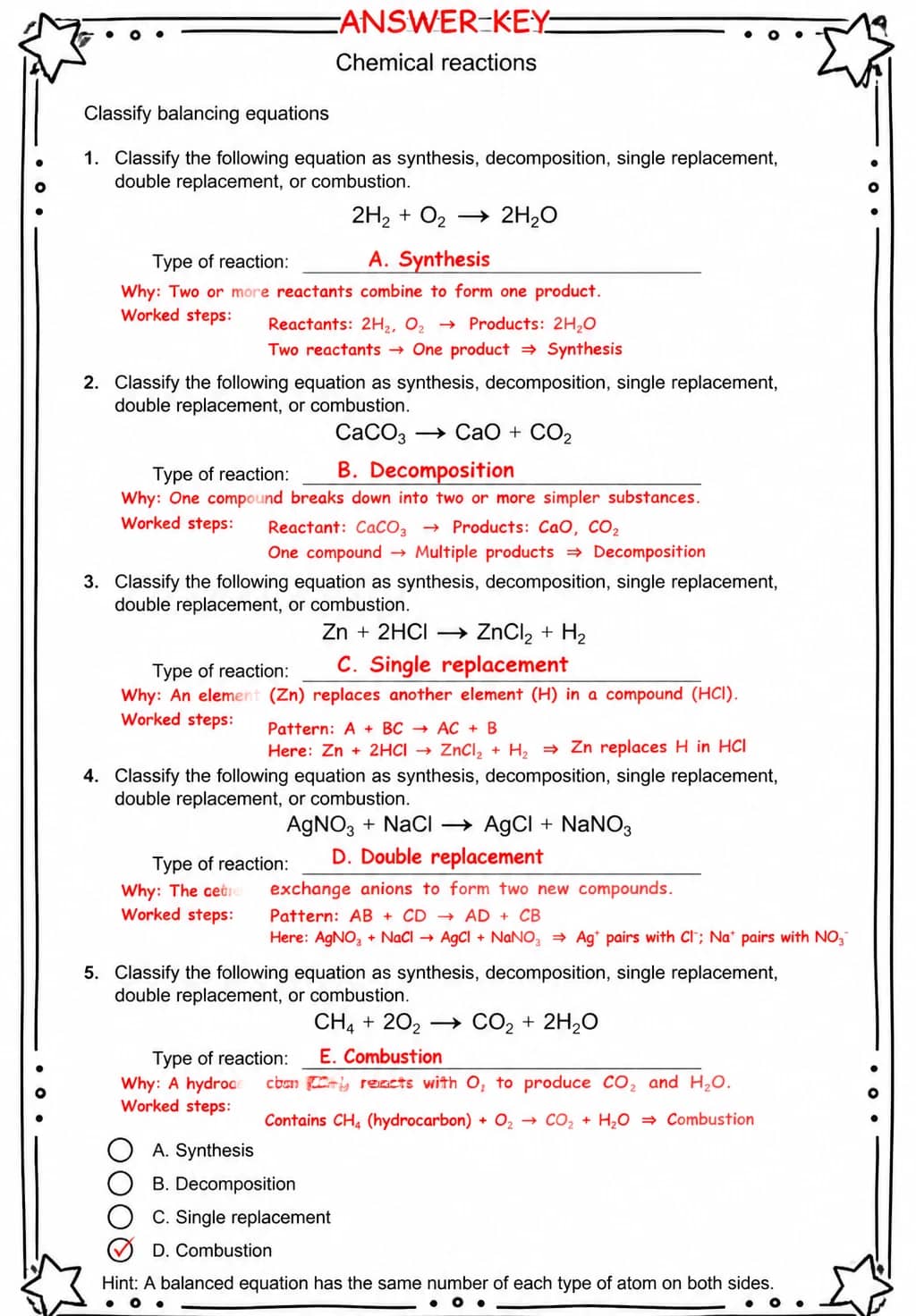 Answer key for Classify balancing equations — free printable Science worksheet