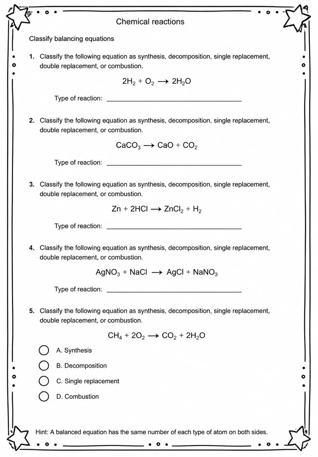Classify balancing equations — free printable High School Science worksheet