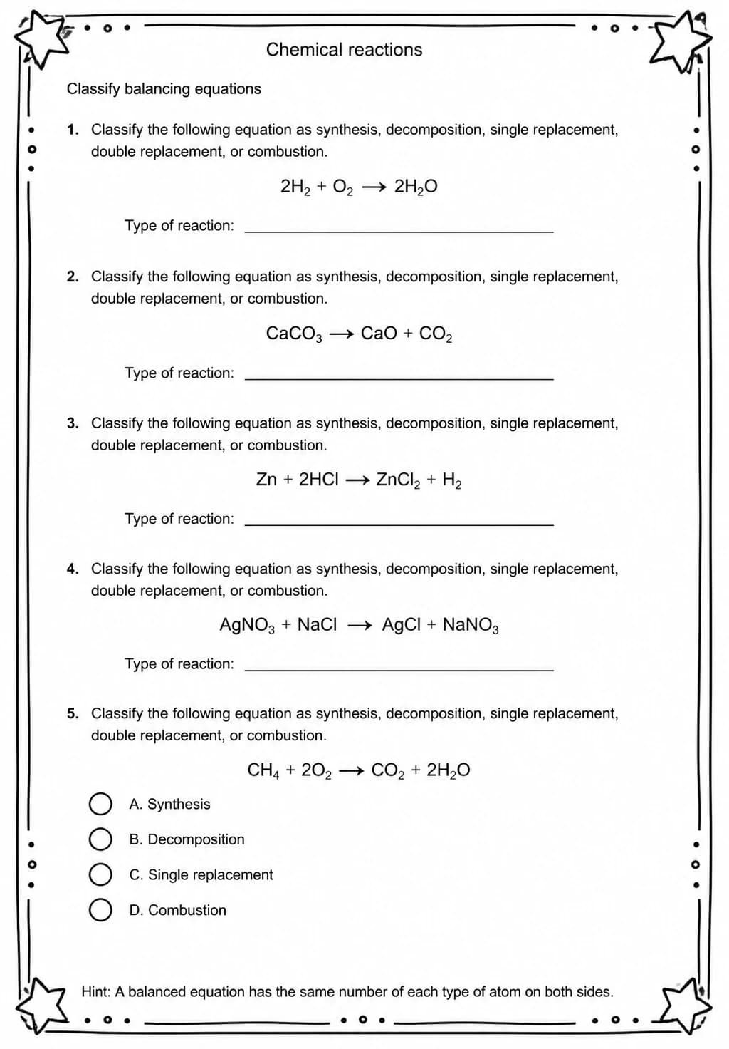 Classify balancing equations — free printable High School Science worksheet