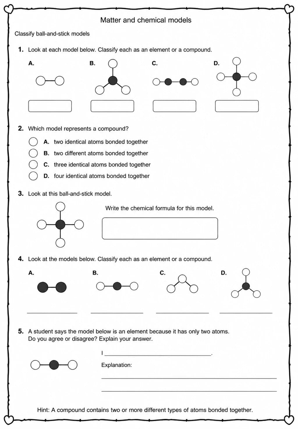 Classify ball-and-stick models — free printable Grade 5 Science worksheet
