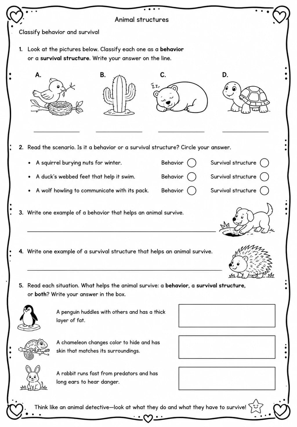 Classify behavior and survival — free printable Grade 4 Science worksheet
