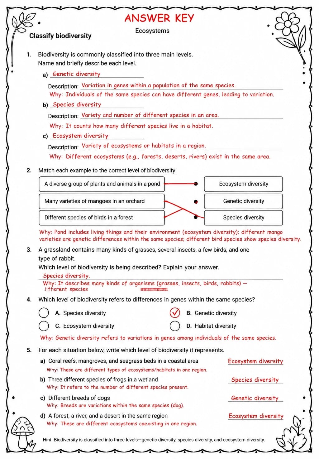 Answer key for Classify biodiversity — free printable Science worksheet