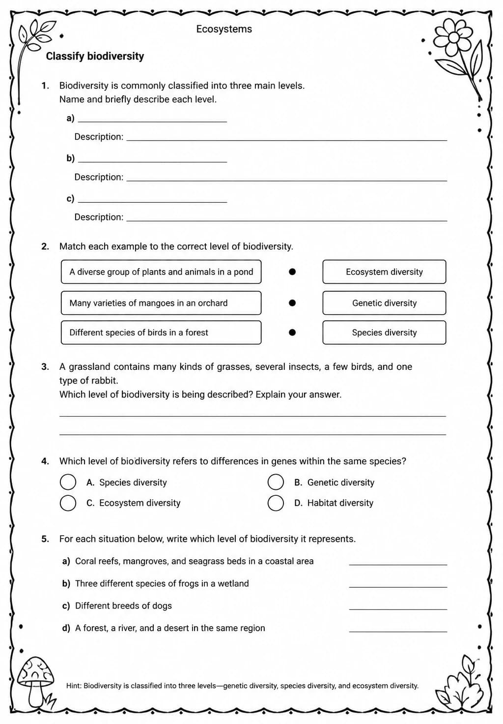 Classify biodiversity — free printable Middle School Science worksheet