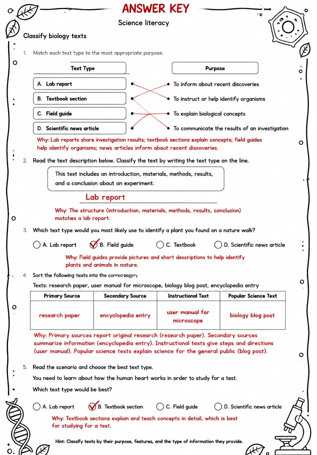 Answer key for Classify biology texts — free printable Science worksheet