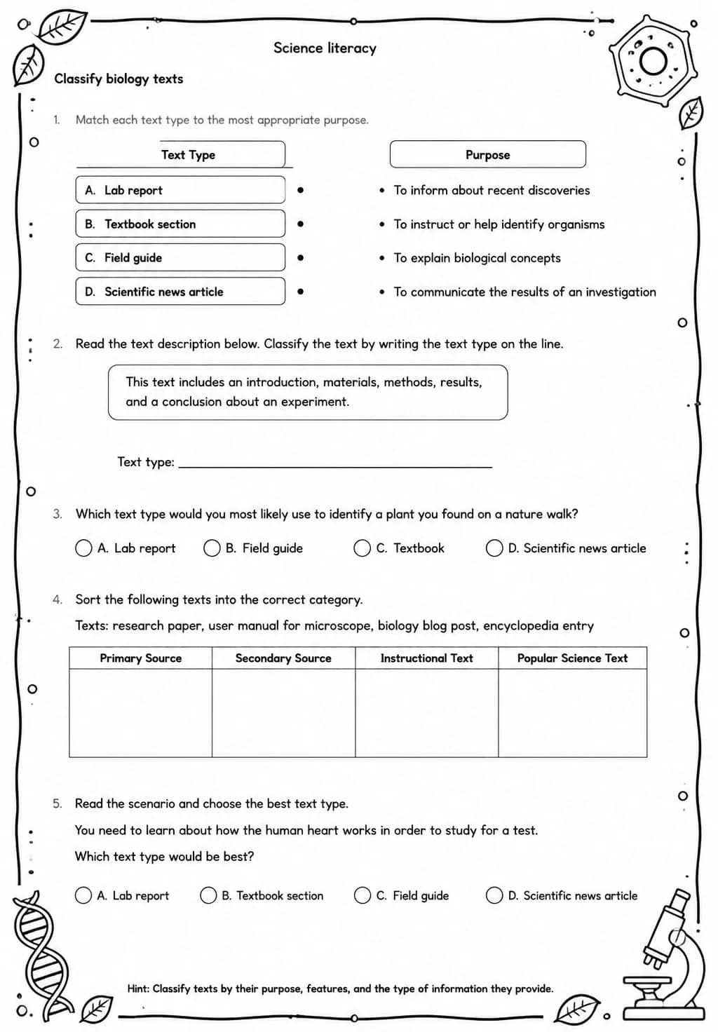 Classify biology texts — free printable High School Science worksheet