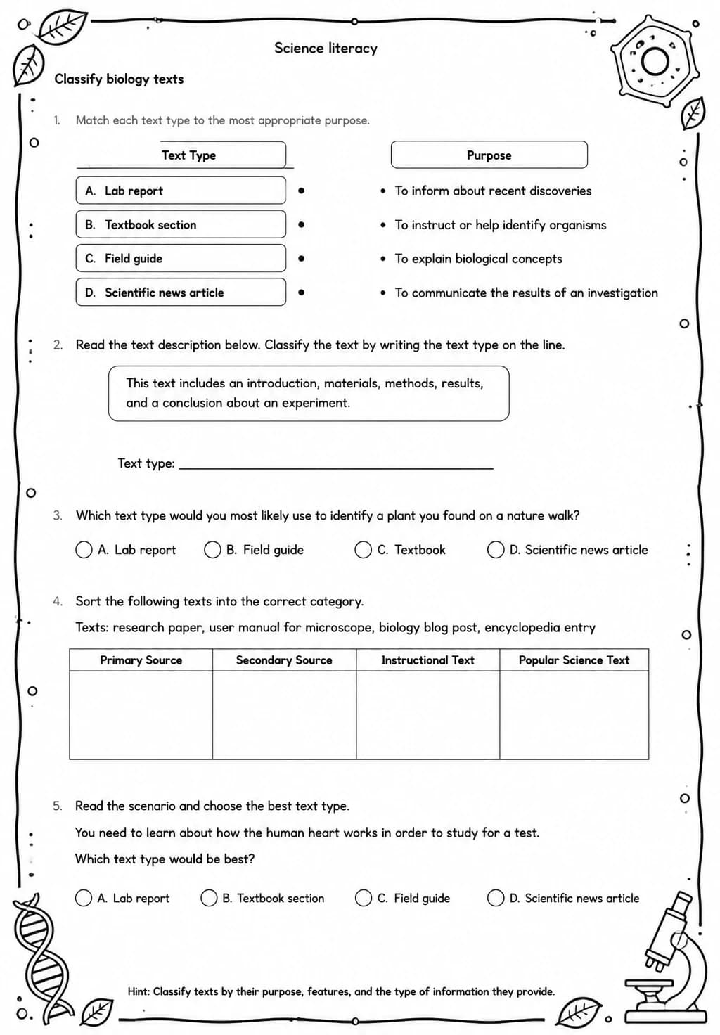 Classify biology texts — free printable High School Science worksheet