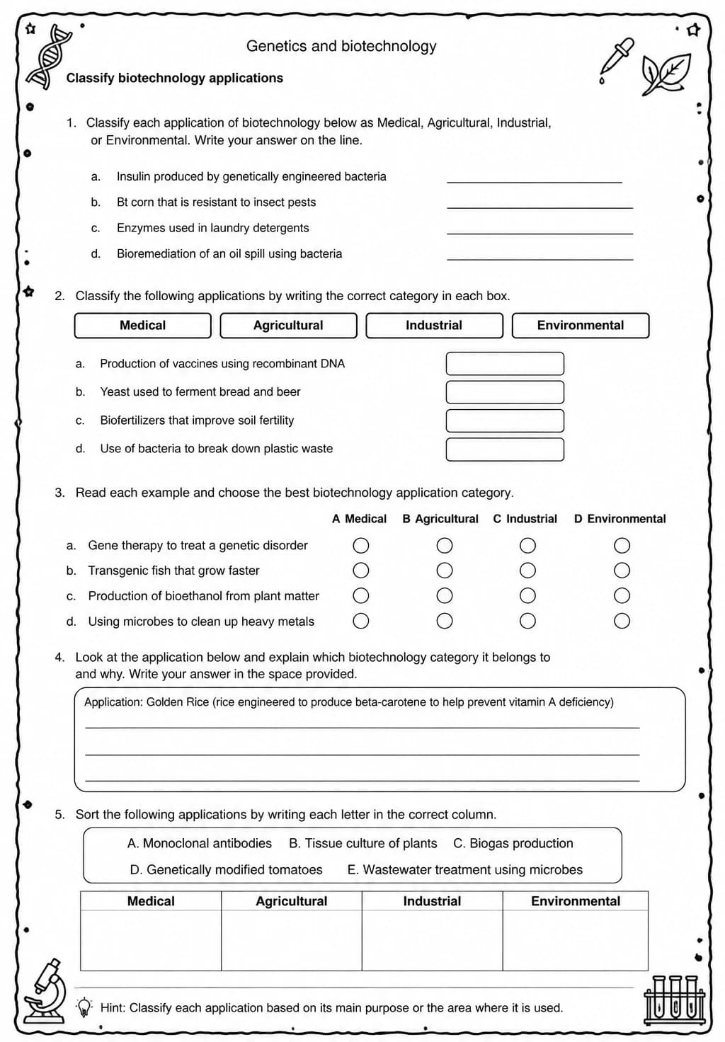 Classify biotechnology applications — free printable Middle School Science worksheet