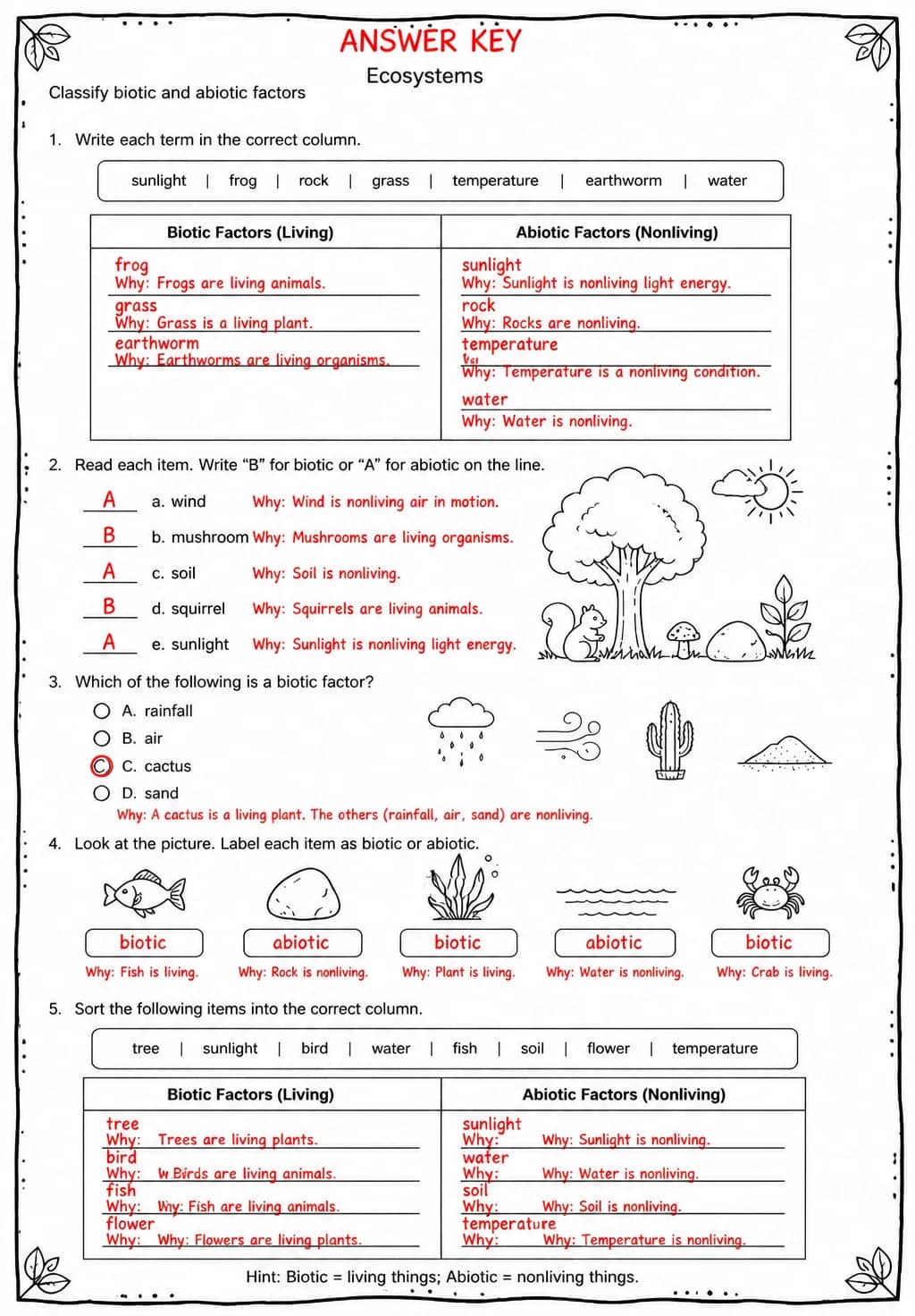 Answer key for Classify biotic and abiotic factors — free printable Science worksheet