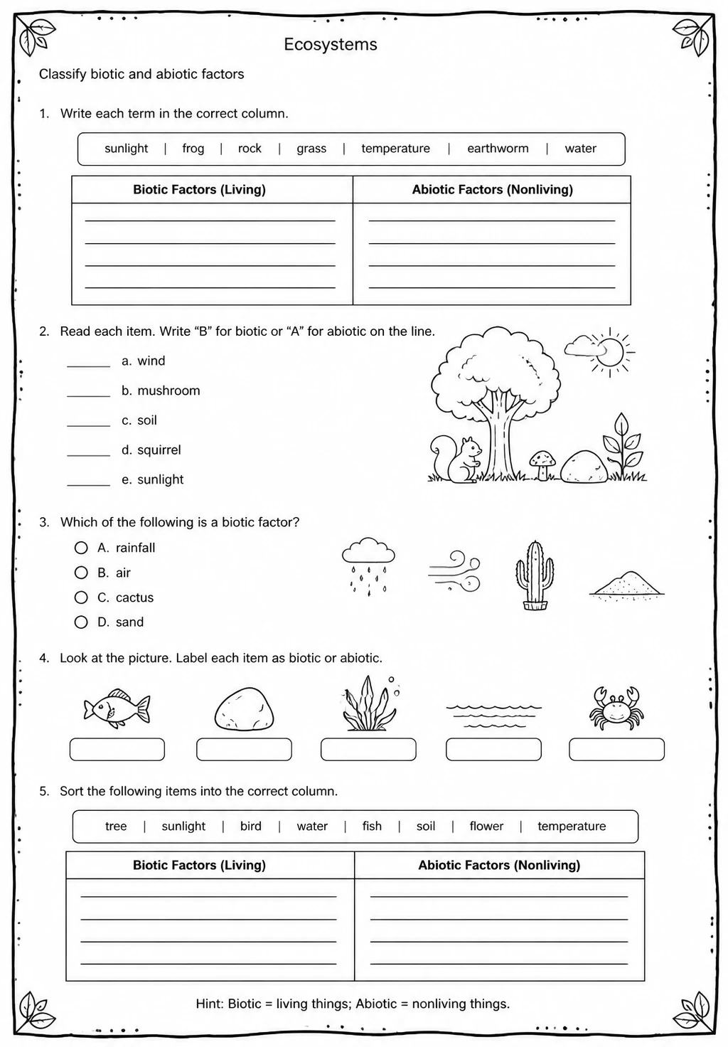 Classify biotic and abiotic factors — free printable Middle School Science worksheet