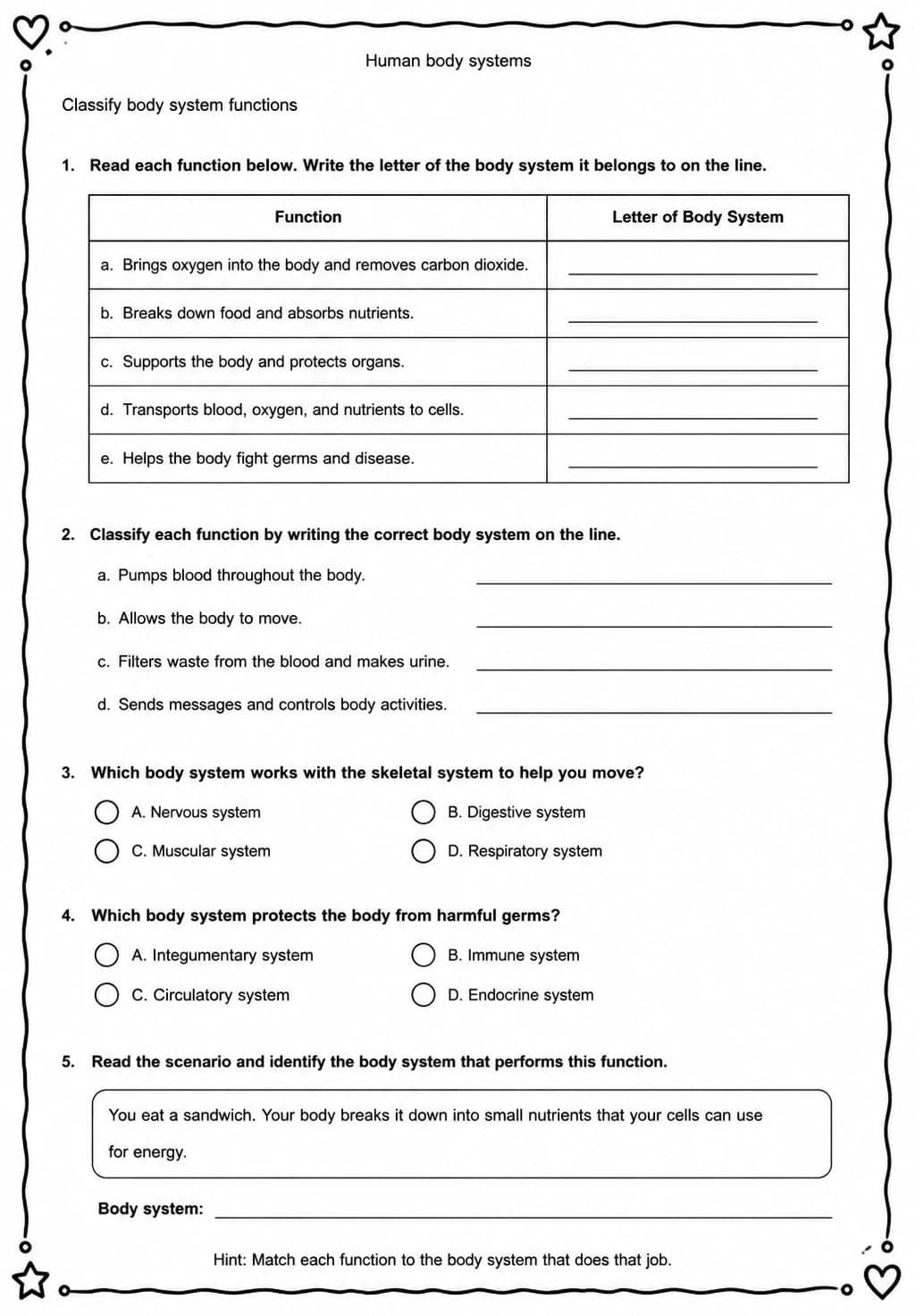 Classify body system functions — free printable Grade 5 Science worksheet