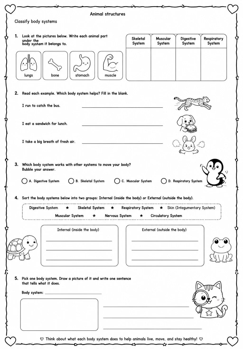 Classify body systems — free printable Grade 4 Science worksheet