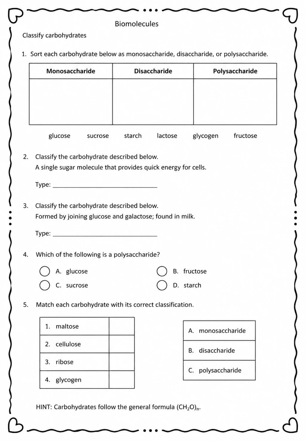 Classify carbohydrates — free printable High School Science worksheet