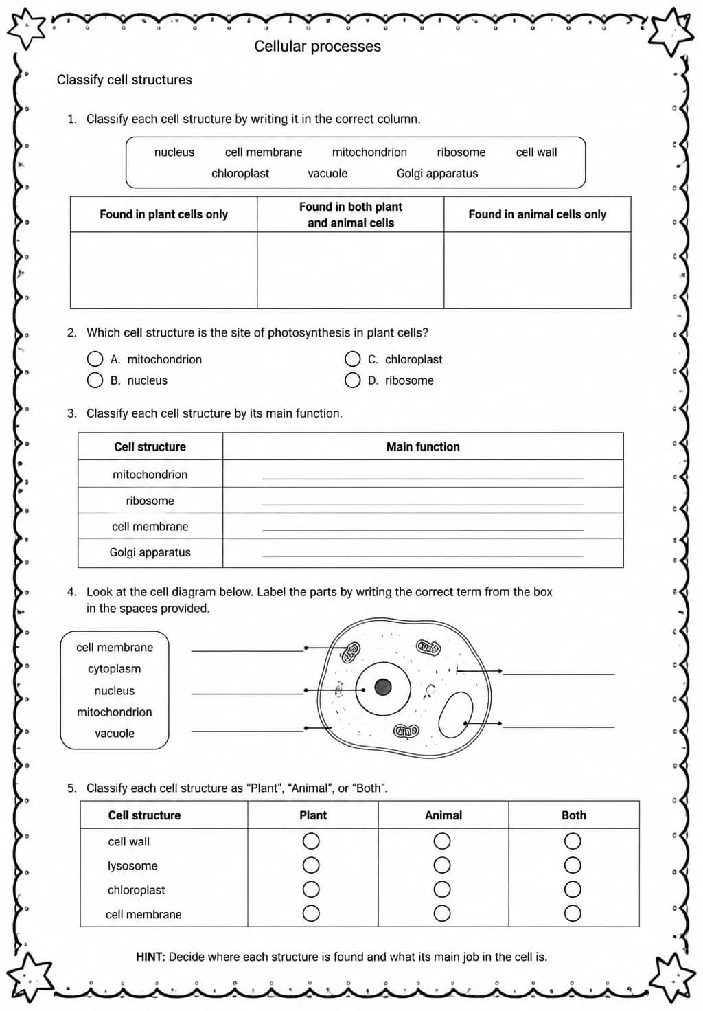 Classify cell structures — free printable Middle School Science worksheet